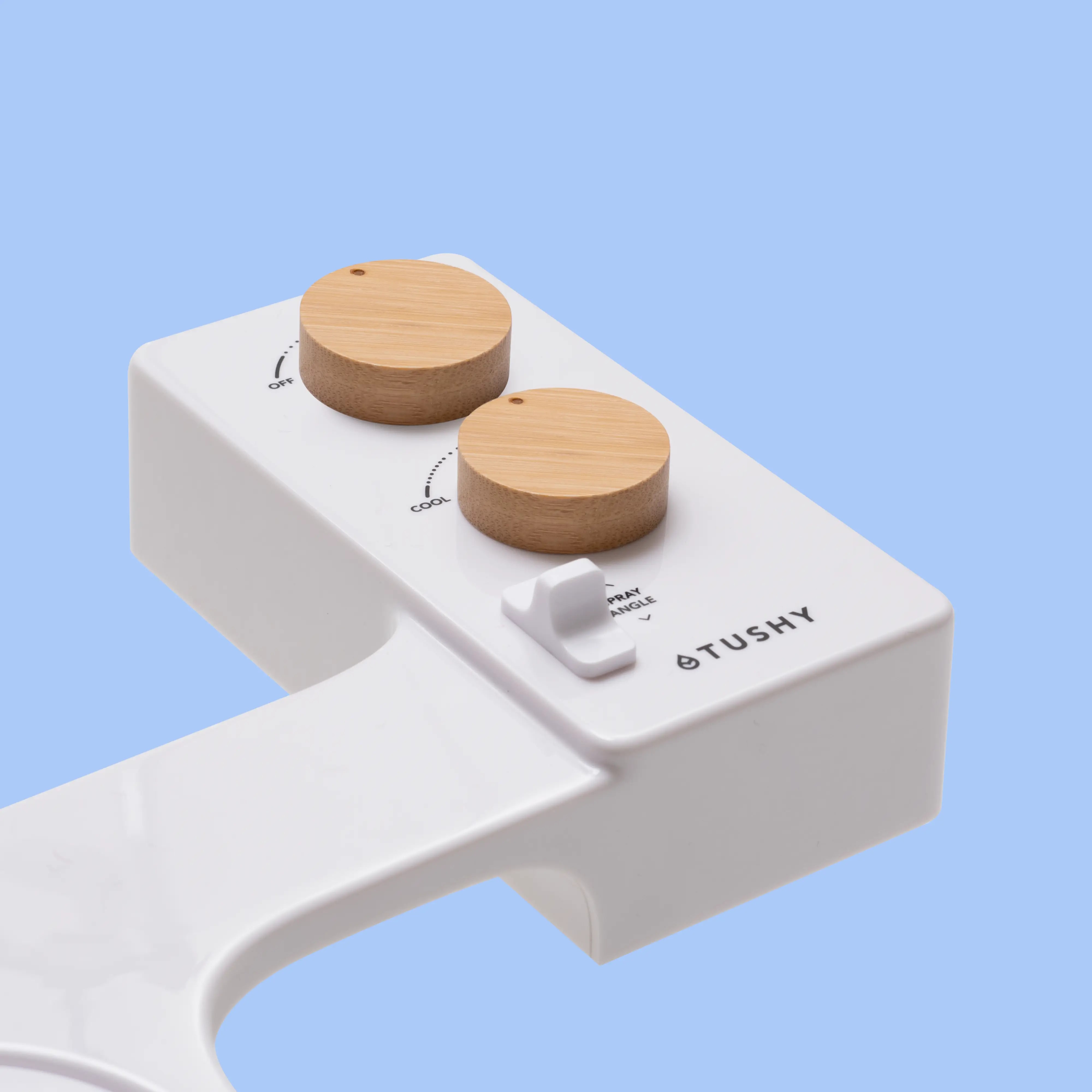 TUSHY Spa 3.0 white warm-water bidet attachment with bamboo control knobs