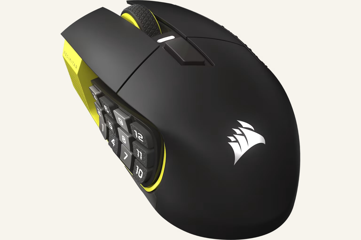 Corsair Scimitar Elite Wireless SE MMO gaming mouse in black and yellow angled product view