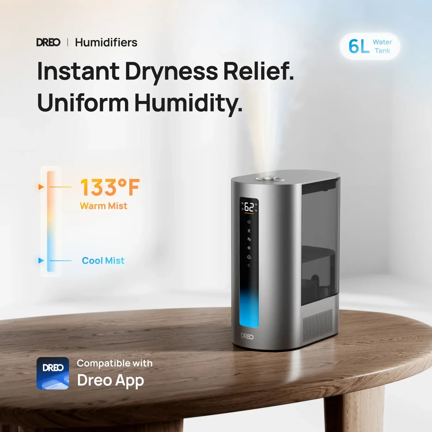 DREO HM713S 6-liter smart warm and cool mist humidifier in silver on a table.