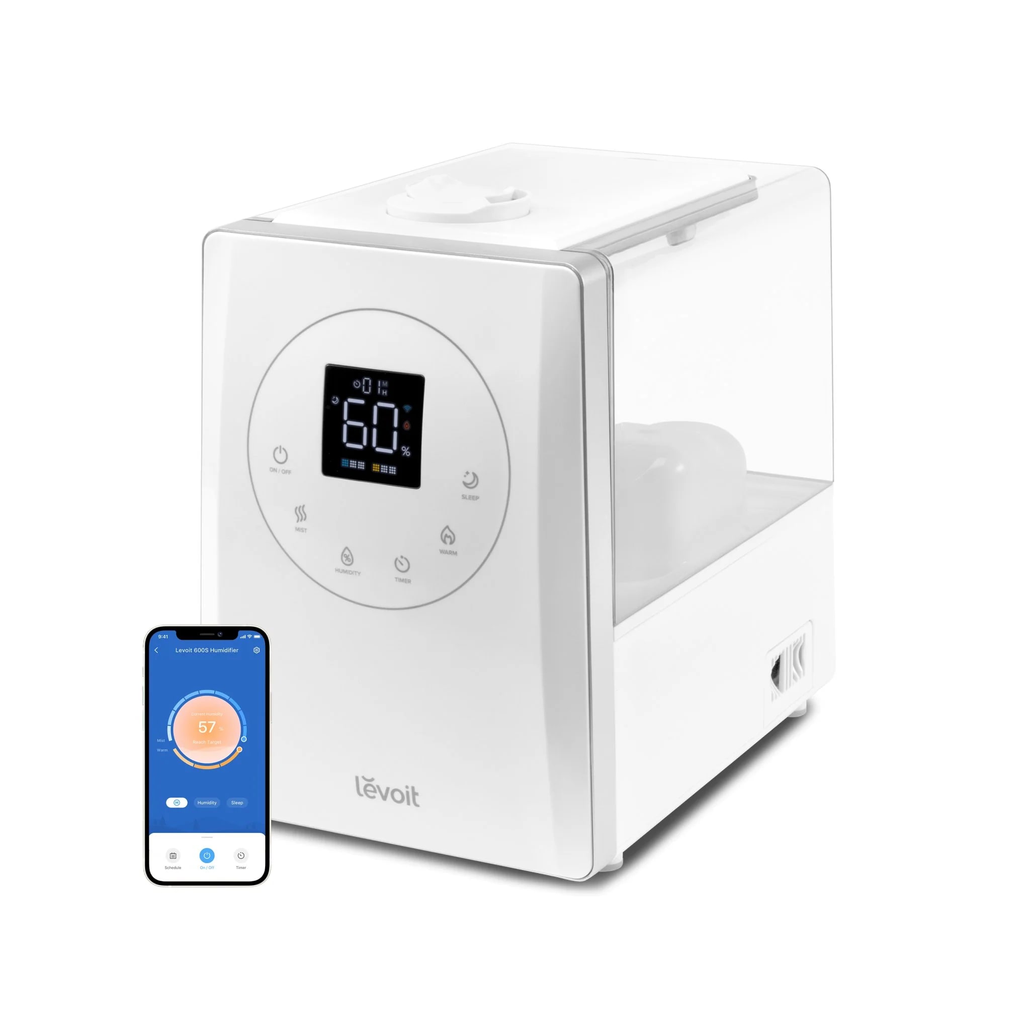 Levoit LV600S smart hybrid ultrasonic humidifier with app control shown beside it.