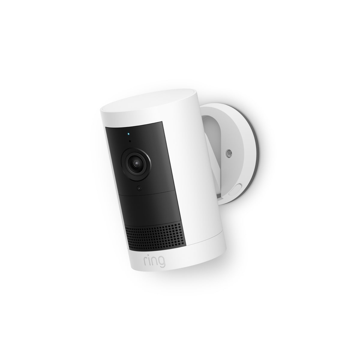 Ring Outdoor Cam Plus Battery white outdoor security camera on mount