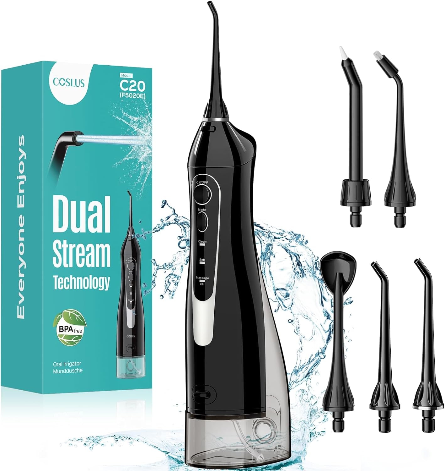 COSLUS C20 cordless water flosser kit with box and accessories hero image