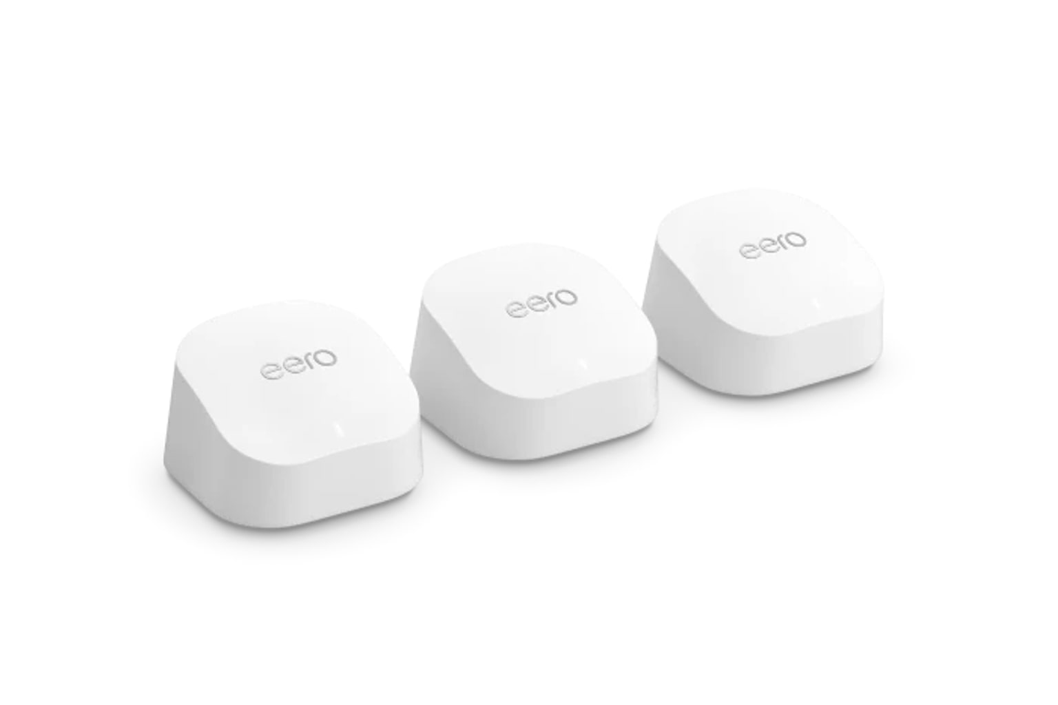 Amazon eero 6+ mesh Wi-Fi system 3-pack with three white eero units.
