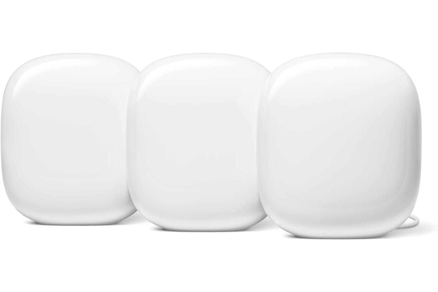 Google Nest Wifi Pro Wi-Fi 6E mesh router 3-pack in Snow with three white routers.